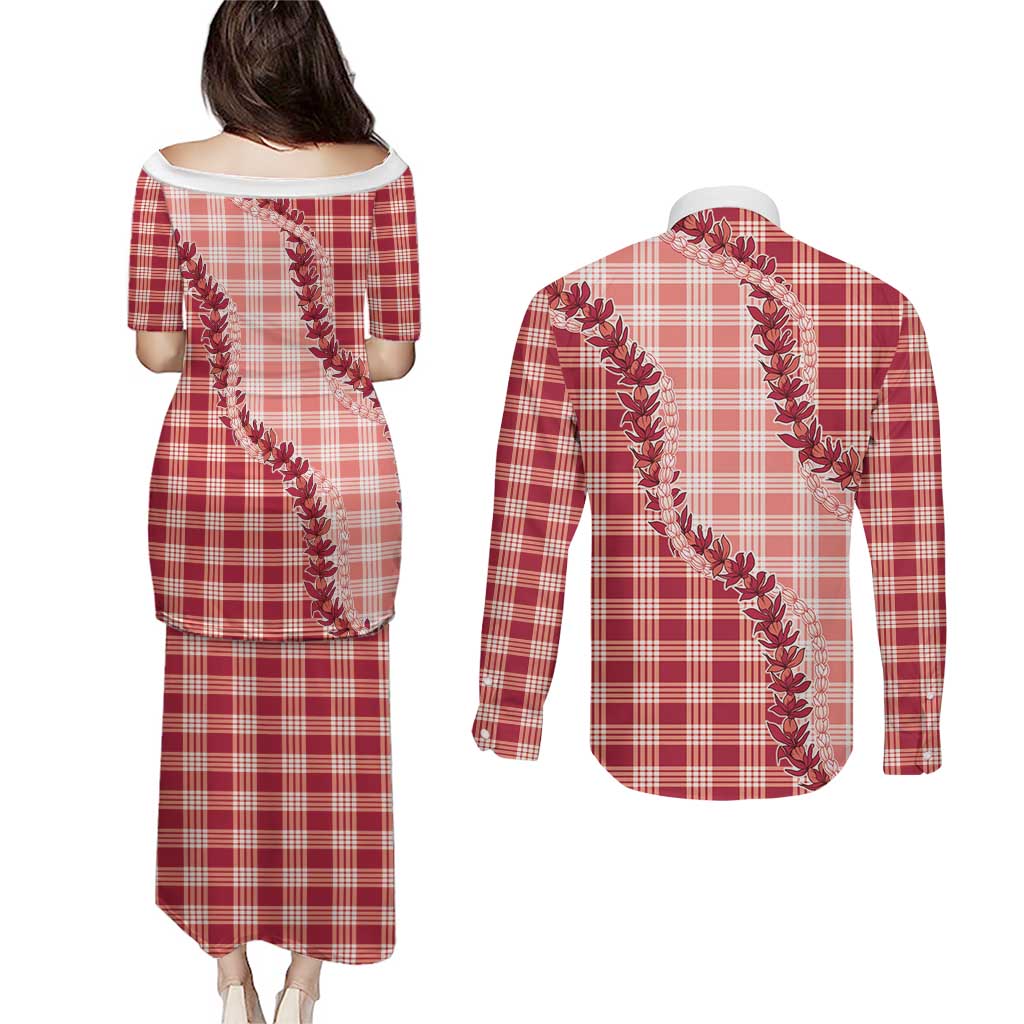 Red Hawaii Palaka Couples Matching Puletasi and Long Sleeve Button Shirt Hawaiian Pikake Lei
