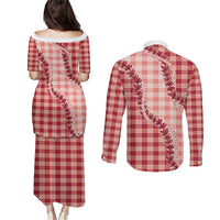 Red Hawaii Palaka Couples Matching Puletasi and Long Sleeve Button Shirt Hawaiian Pikake Lei