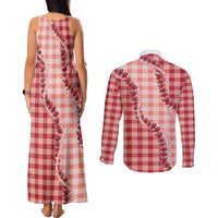 Red Hawaii Palaka Couples Matching Tank Maxi Dress and Long Sleeve Button Shirt Hawaiian Pikake Lei LT05 - Polynesian Pride