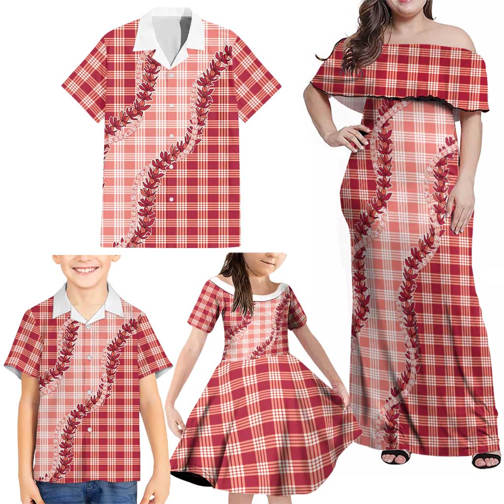 Red Hawaii Palaka Family Matching Off Shoulder Maxi Dress and Hawaiian Shirt Hawaiian Pikake Lei LT05 - Polynesian Pride