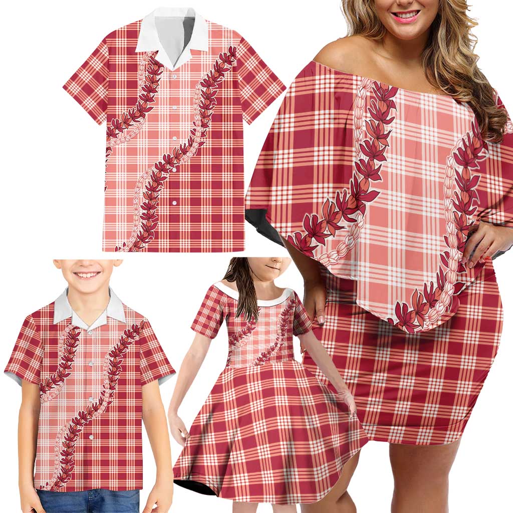 Red Hawaii Palaka Family Matching Off Shoulder Short Dress and Hawaiian Shirt Hawaiian Pikake Lei LT05 - Polynesian Pride