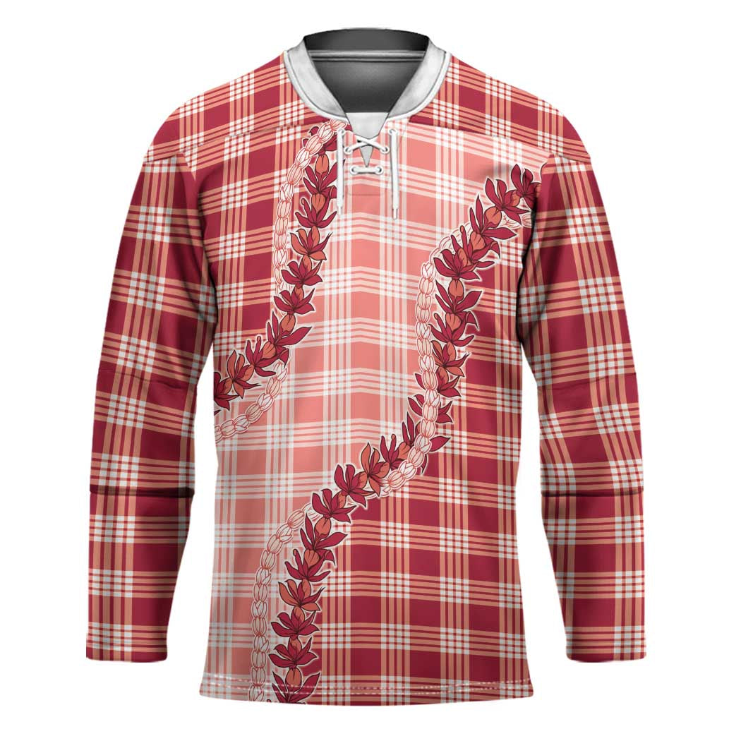 Red Hawaii Palaka Hockey Jersey Hawaiian Pikake Lei