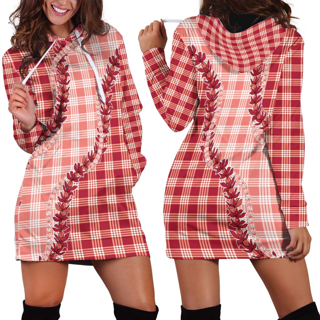 Red Hawaii Palaka Hoodie Dress Hawaiian Pikake Lei