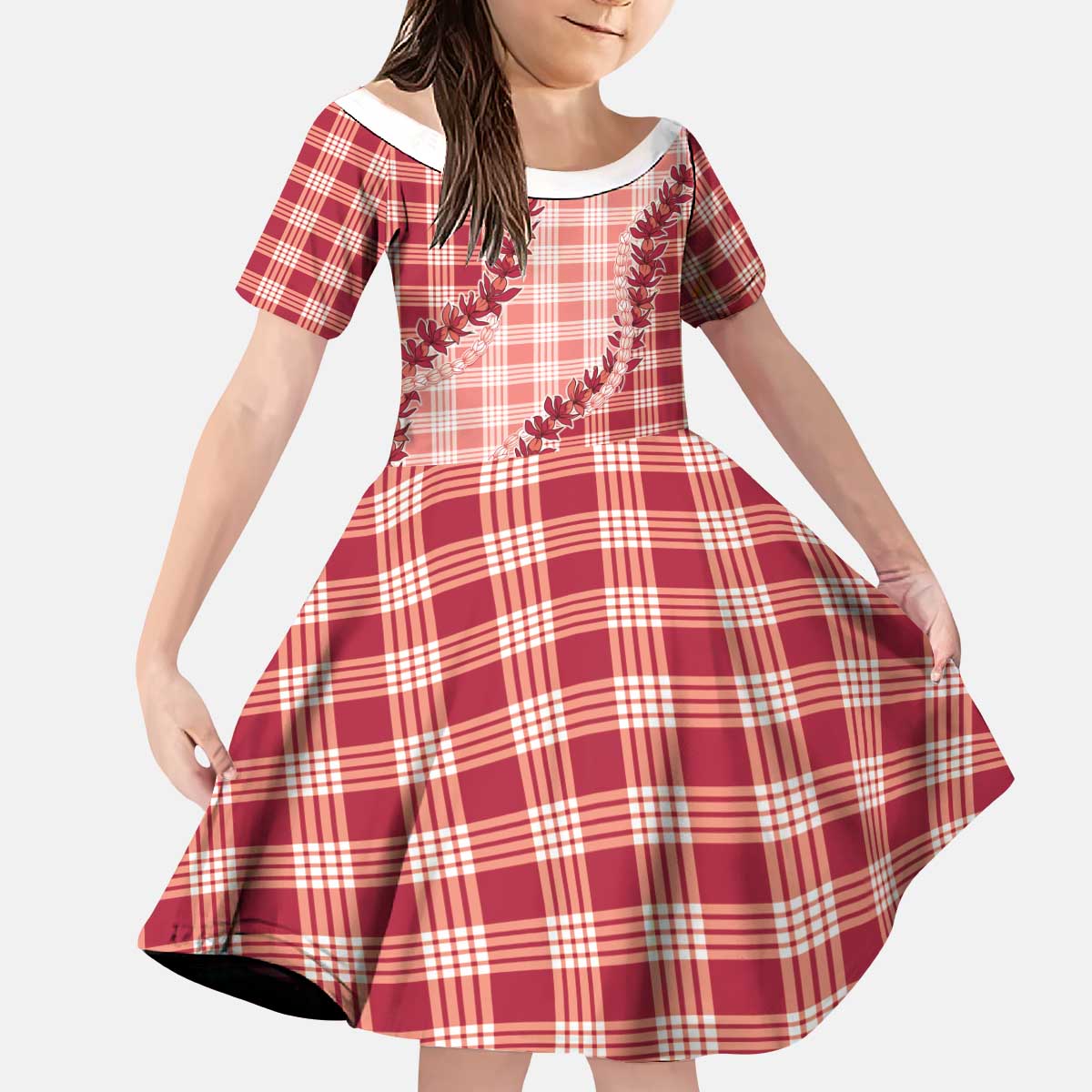Red Hawaii Palaka Kid Short Sleeve Dress Hawaiian Pikake Lei