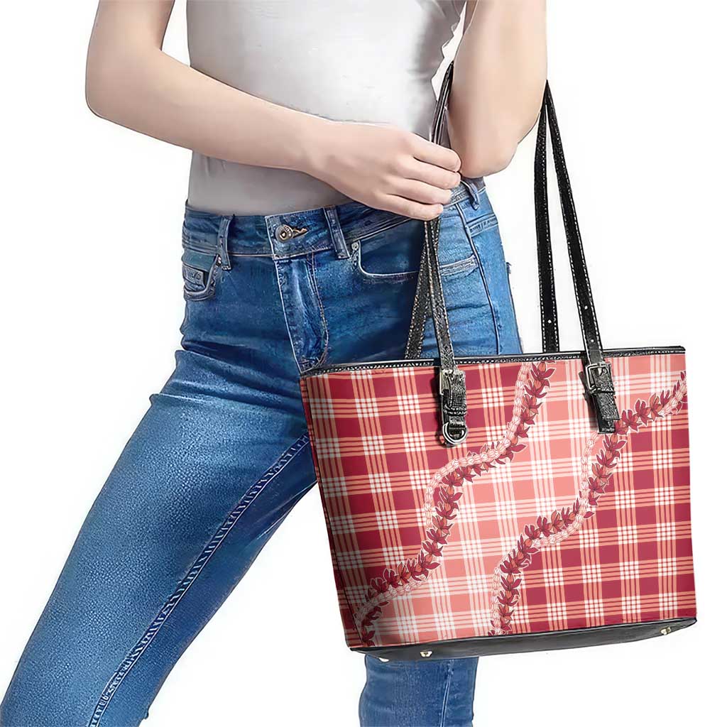 Red Hawaii Palaka Leather Tote Bag Hawaiian Pikake Lei