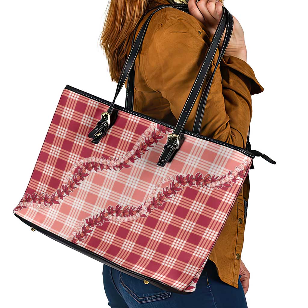 Red Hawaii Palaka Leather Tote Bag Hawaiian Pikake Lei