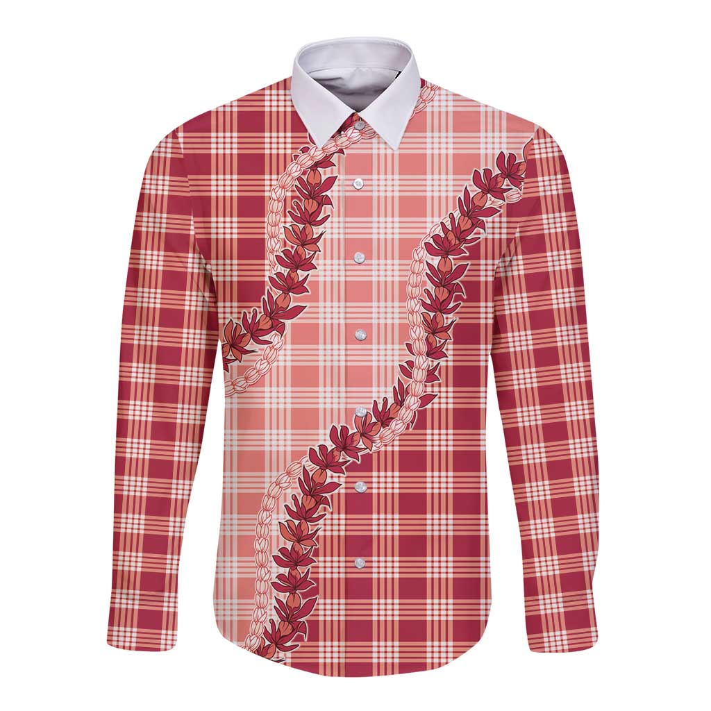 Red Hawaii Palaka Long Sleeve Button Shirt Hawaiian Pikake Lei
