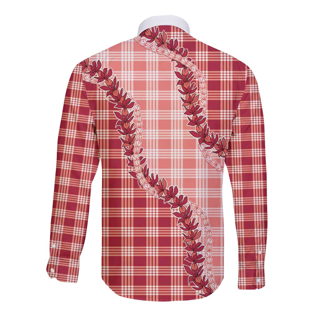 Red Hawaii Palaka Long Sleeve Button Shirt Hawaiian Pikake Lei