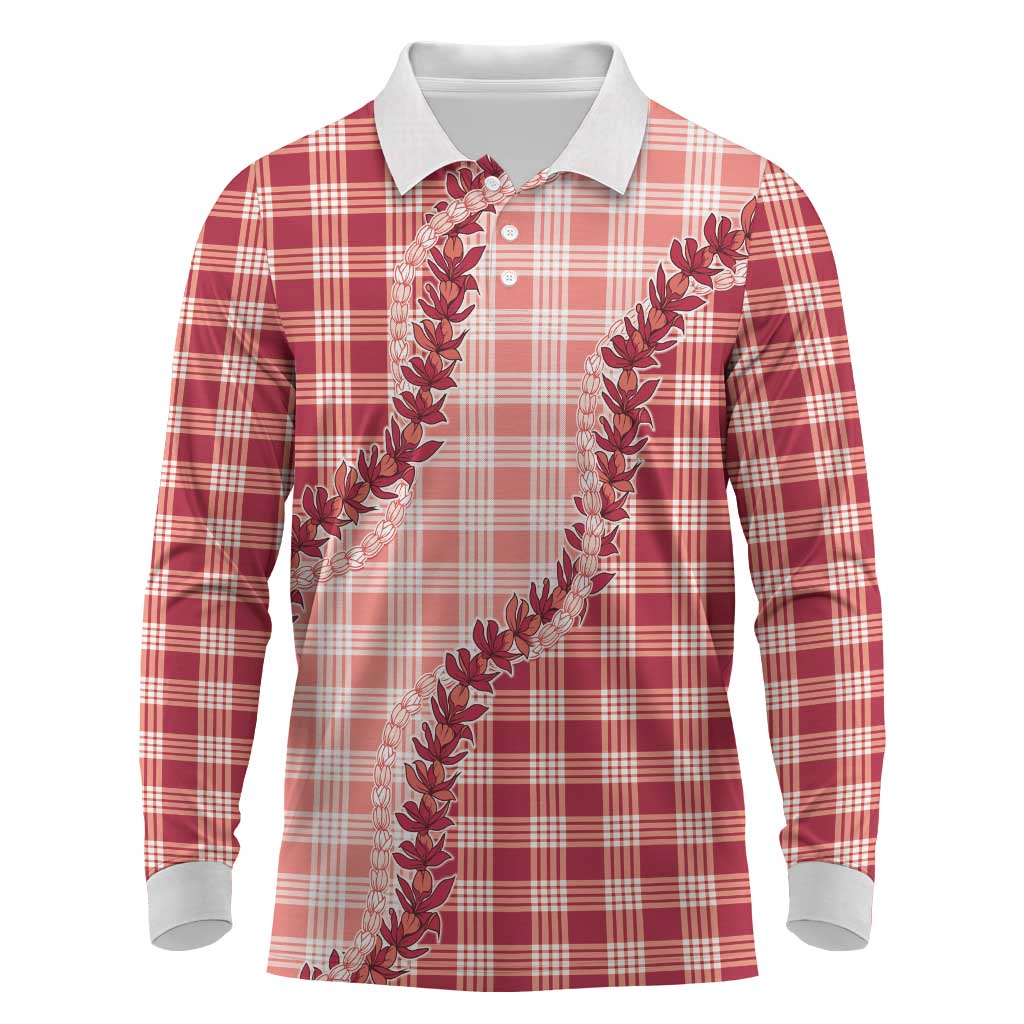 Red Hawaii Palaka Long Sleeve Polo Shirt Hawaiian Pikake Lei