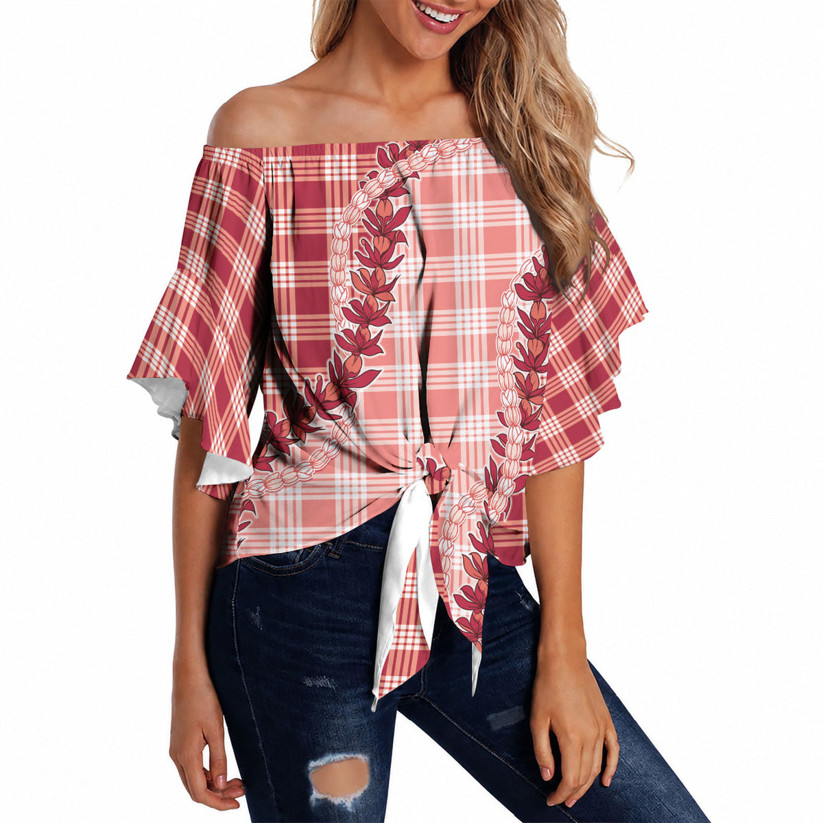 Red Hawaii Palaka Off Shoulder Wrap Waist Top Hawaiian Pikake Lei LT05 - Polynesian Pride
