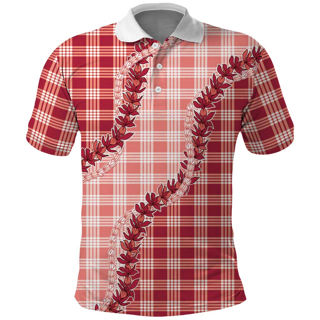 Red Hawaii Palaka Polo Shirt Hawaiian Pikake Lei