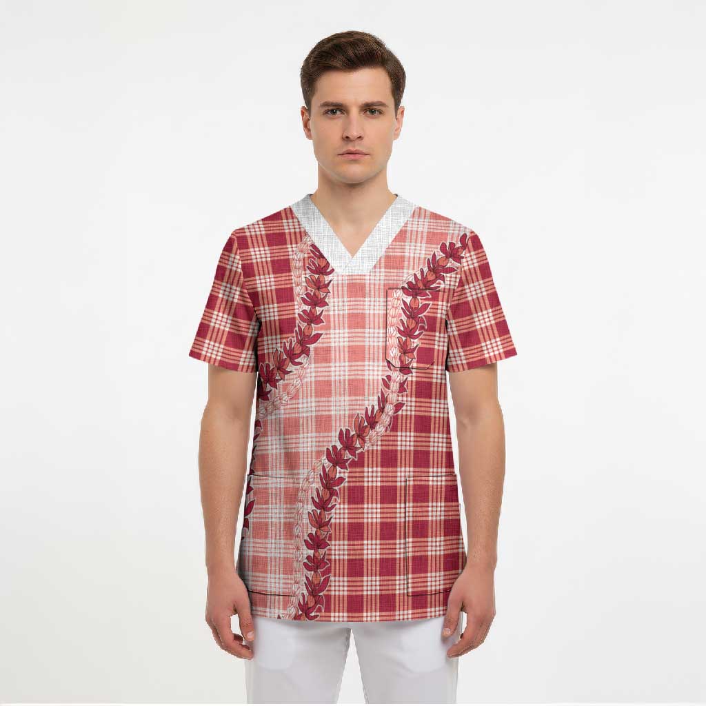 Red Hawaii Palaka Scrub Top Hawaiian Pikake Lei LT05 - Polynesian Pride
