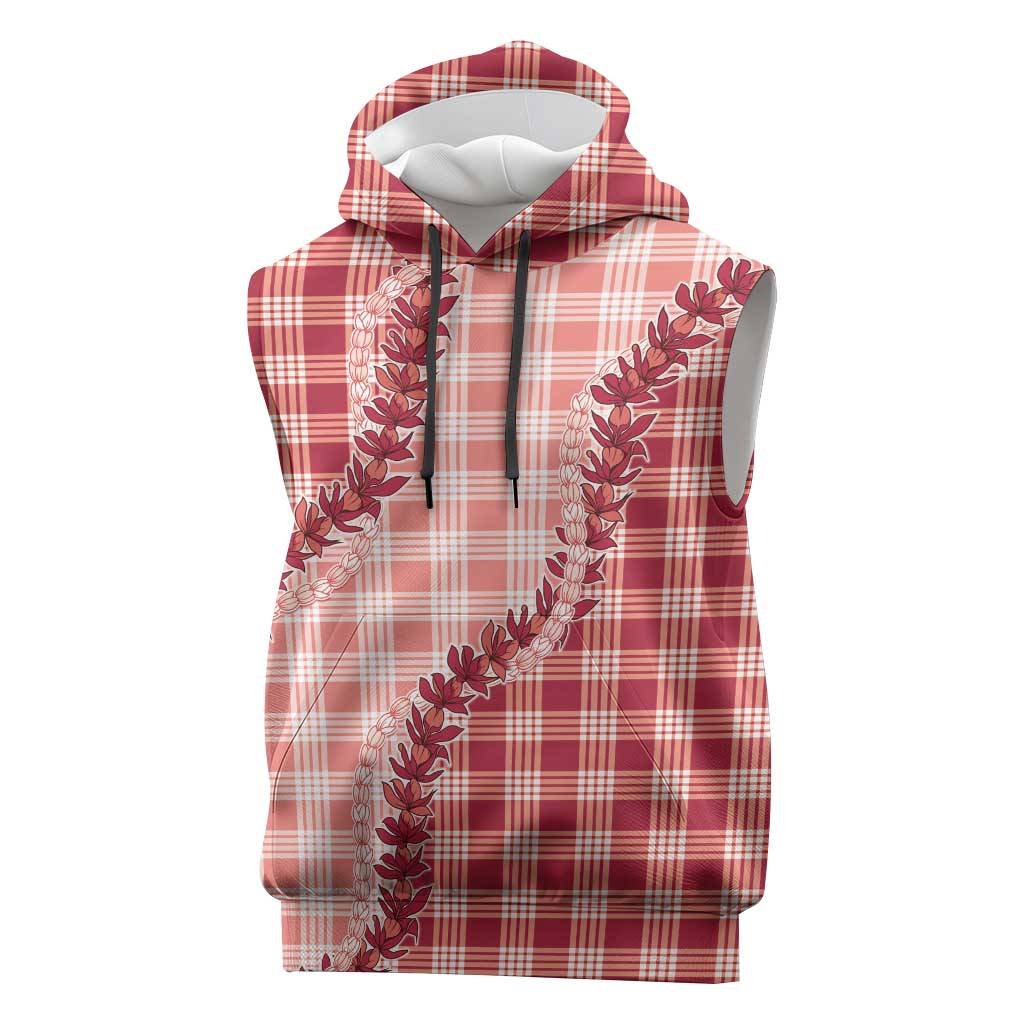 Red Hawaii Palaka Sleeveless Hoodie Hawaiian Pikake Lei