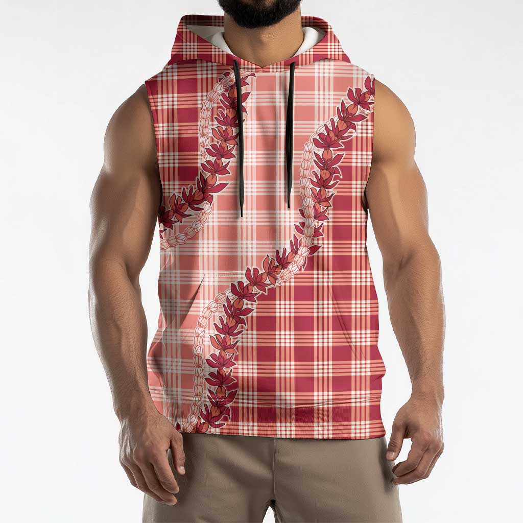 Red Hawaii Palaka Sleeveless Hoodie Hawaiian Pikake Lei