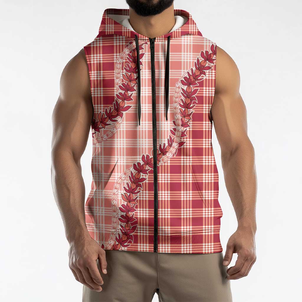 Red Hawaii Palaka Sleeveless Zip Hoodie Hawaiian Pikake Lei LT05 - Polynesian Pride