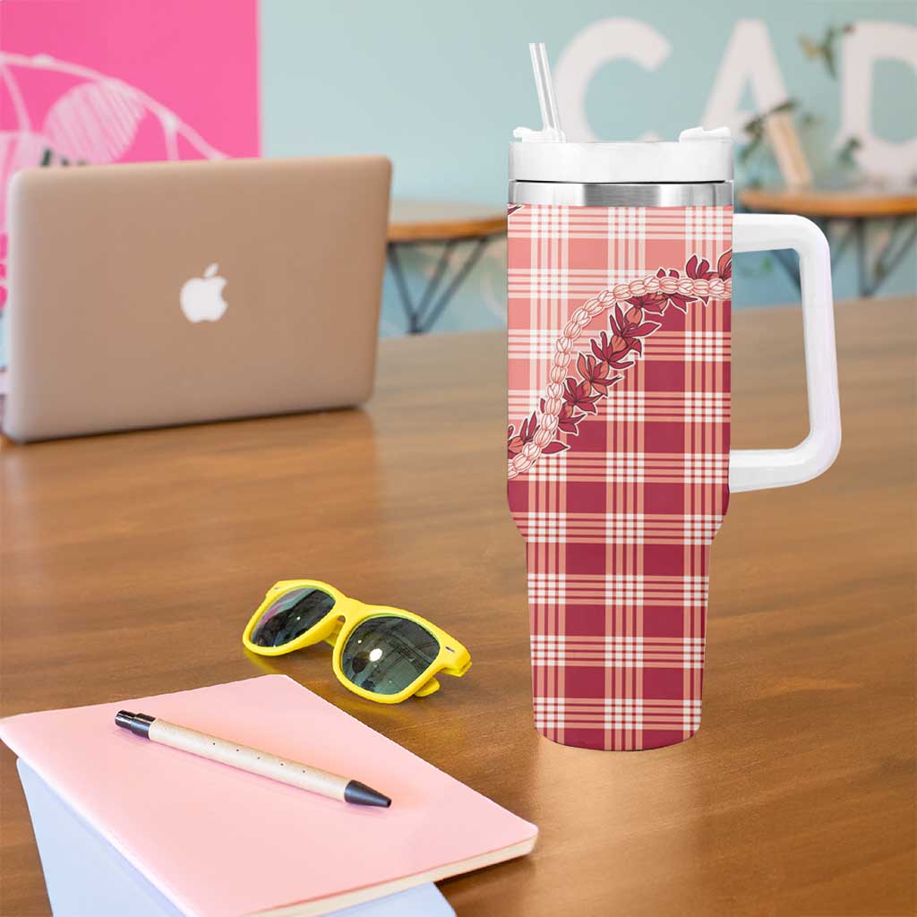 Red Hawaii Palaka Tumbler With Handle Hawaiian Pikake Lei LT05 - Polynesian Pride