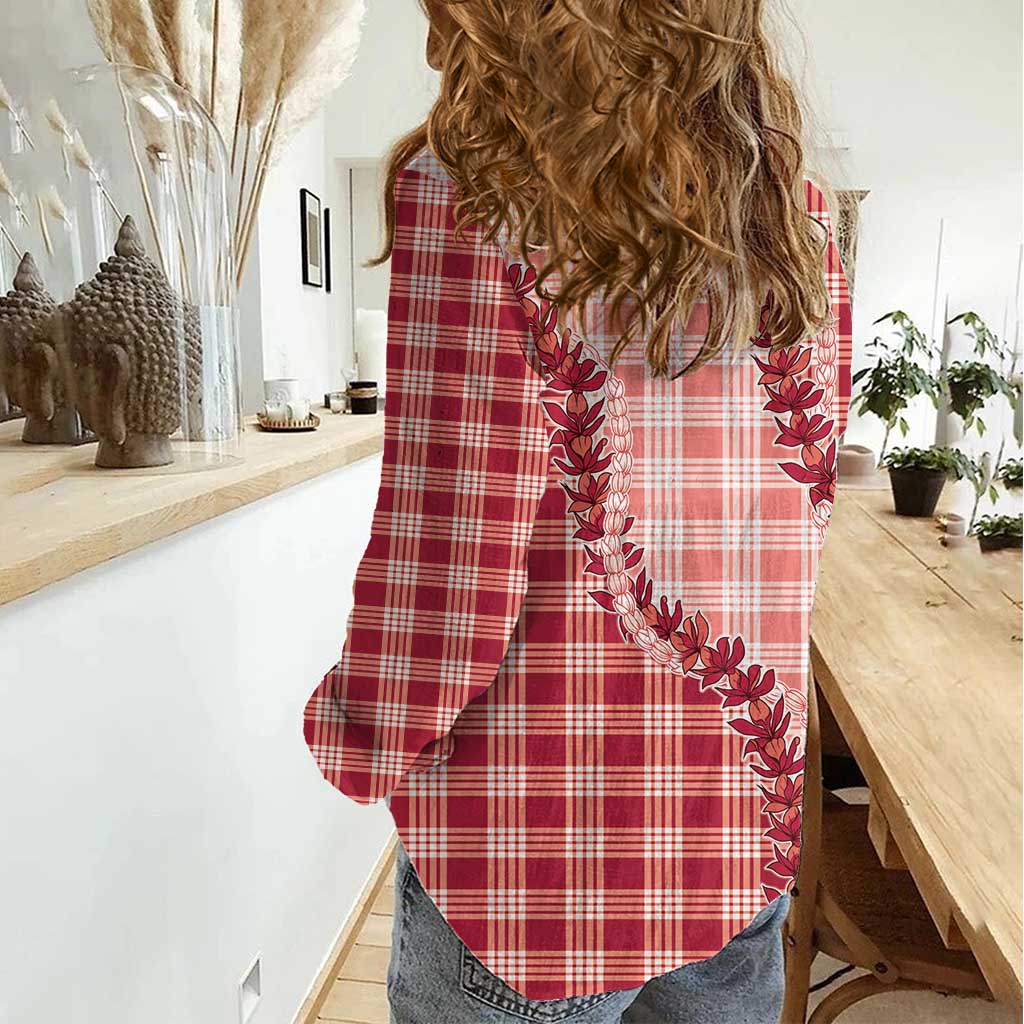 Red Hawaii Palaka Women Casual Shirt Hawaiian Pikake Lei