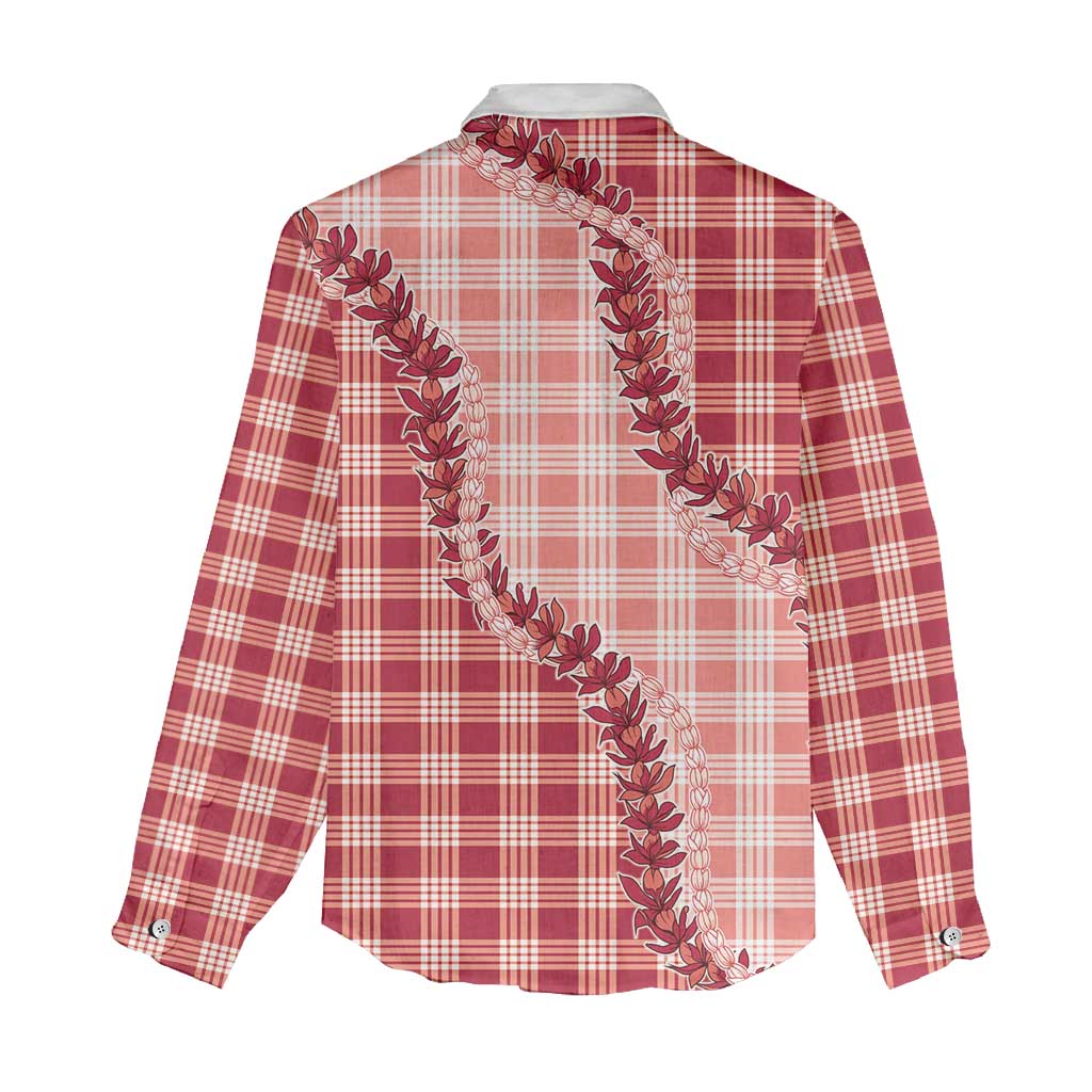 Red Hawaii Palaka Women Casual Shirt Hawaiian Pikake Lei
