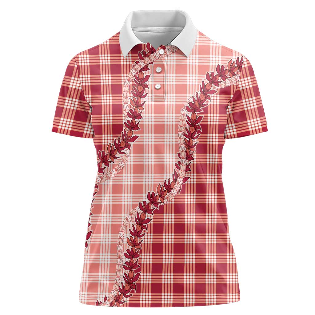 Red Hawaii Palaka Women Polo Shirt Hawaiian Pikake Lei