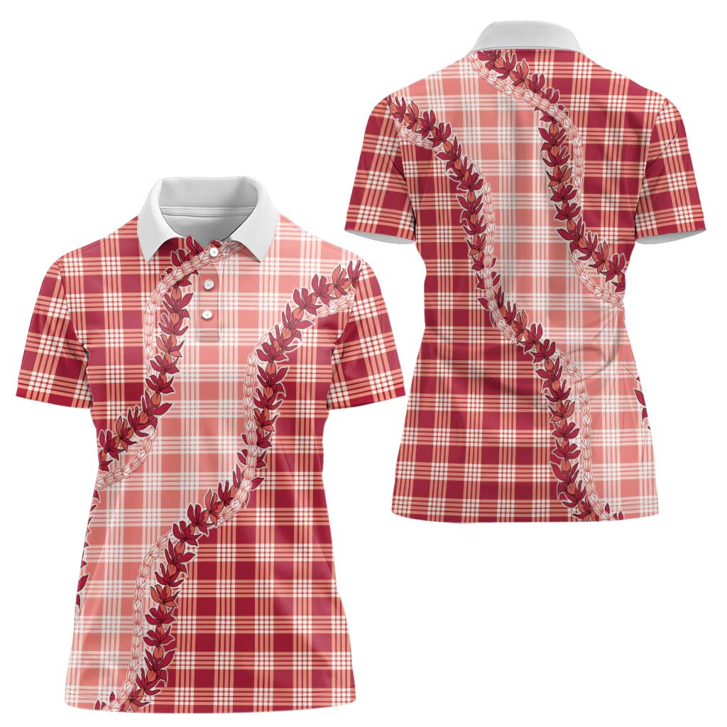 Red Hawaii Palaka Women Polo Shirt Hawaiian Pikake Lei LT05 - Polynesian Pride