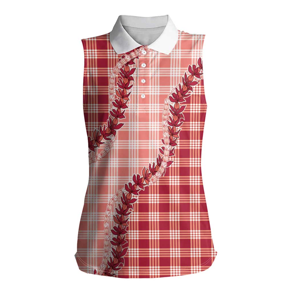 Red Hawaii Palaka Women Sleeveless Polo Shirt Hawaiian Pikake Lei