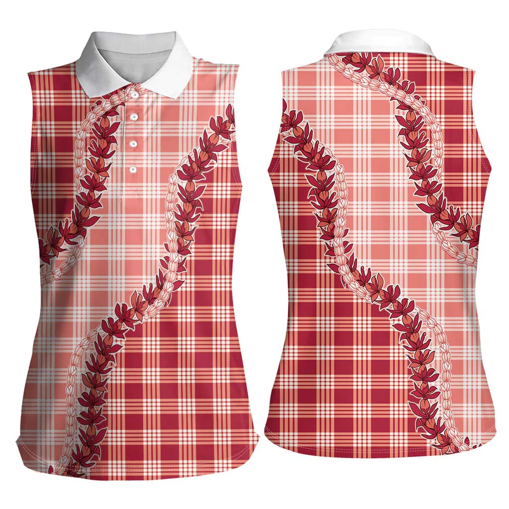 Red Hawaii Palaka Women Sleeveless Polo Shirt Hawaiian Pikake Lei LT05 - Polynesian Pride