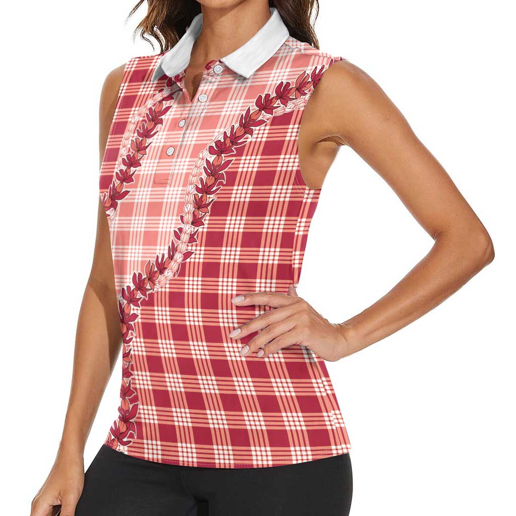 Red Hawaii Palaka Women Sleeveless Polo Shirt Hawaiian Pikake Lei LT05 - Polynesian Pride
