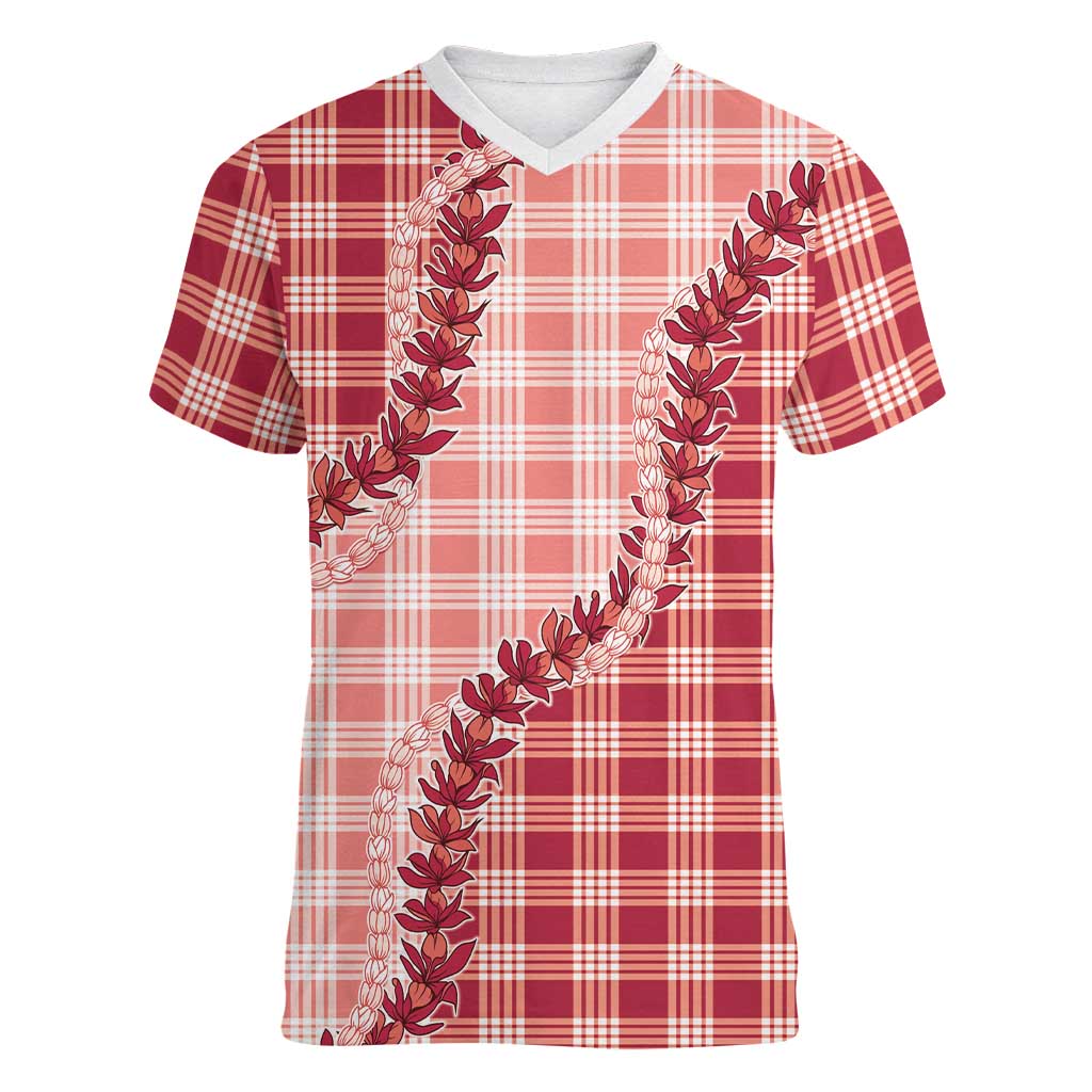 Red Hawaii Palaka Women V-Neck T-Shirt Hawaiian Pikake Lei