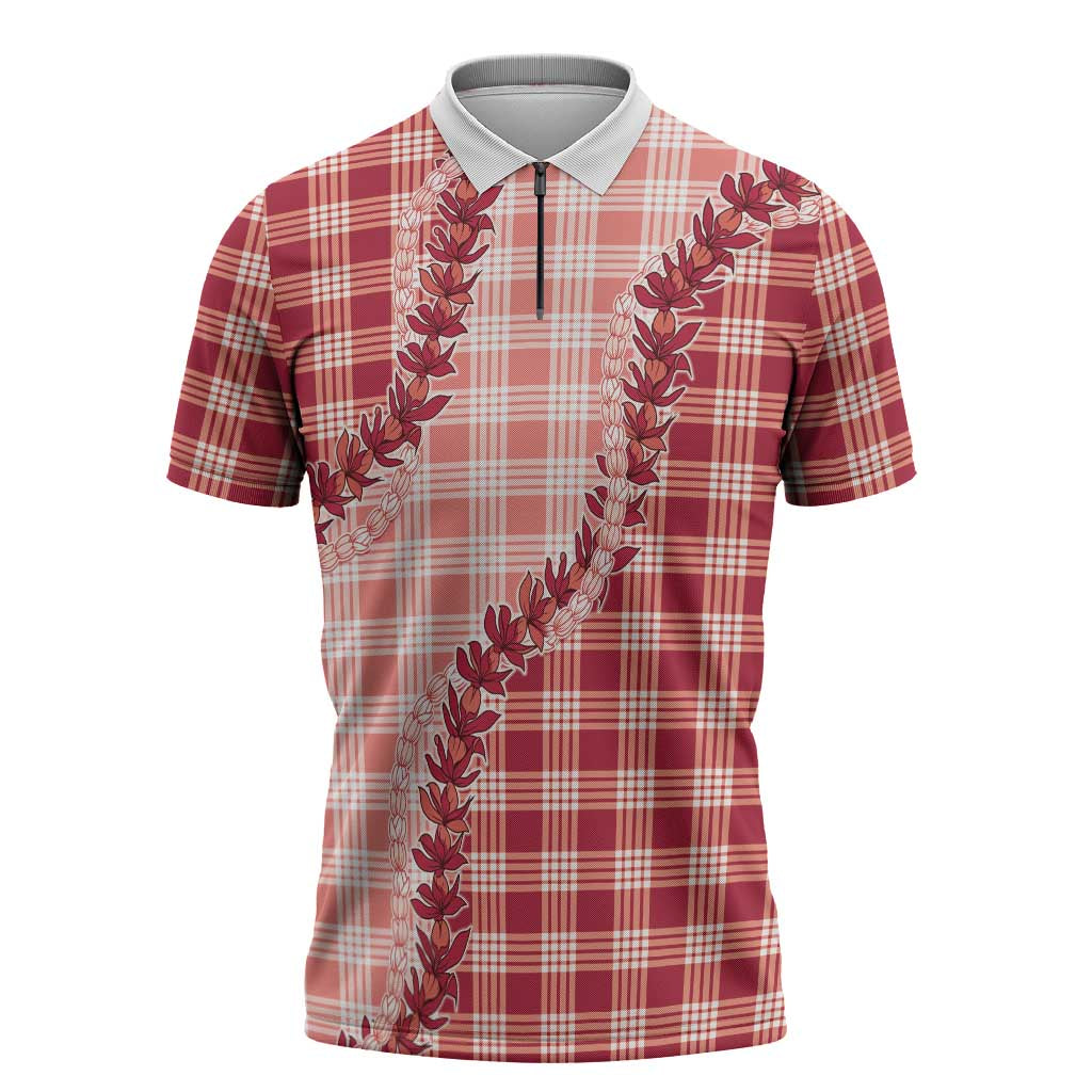 Red Hawaii Palaka Zipper Polo Shirt Hawaiian Pikake Lei