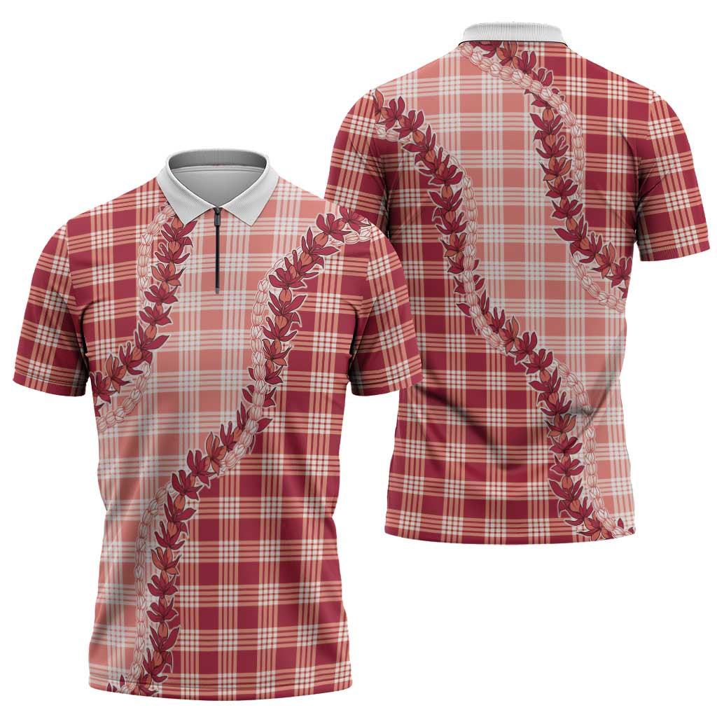 Red Hawaii Palaka Zipper Polo Shirt Hawaiian Pikake Lei LT05 - Polynesian Pride