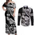 Hawaii Maui Upena Kiloi Couples Matching Off Shoulder Maxi Dress and Long Sleeve Button Shirt Kakau Tribal Pattern Black Version