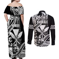 Hawaii Maui Upena Kiloi Couples Matching Off Shoulder Maxi Dress and Long Sleeve Button Shirt Kakau Tribal Pattern Black Version