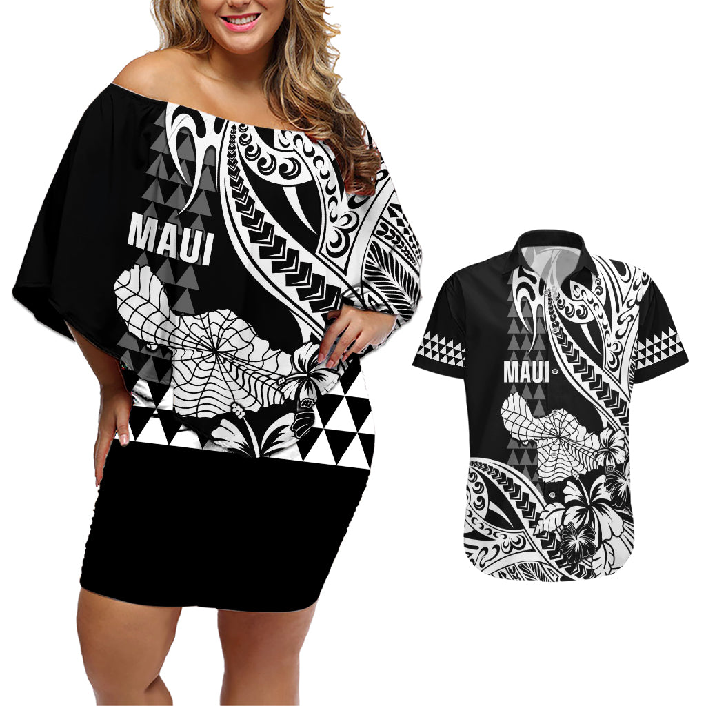 Hawaii Maui Upena Kiloi Couples Matching Off Shoulder Short Dress and Hawaiian Shirt Kakau Tribal Pattern Black Version