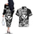 Hawaii Maui Upena Kiloi Couples Matching Off The Shoulder Long Sleeve Dress and Hawaiian Shirt Kakau Tribal Pattern Black Version