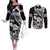 Hawaii Maui Upena Kiloi Couples Matching Off The Shoulder Long Sleeve Dress and Long Sleeve Button Shirt Kakau Tribal Pattern Black Version