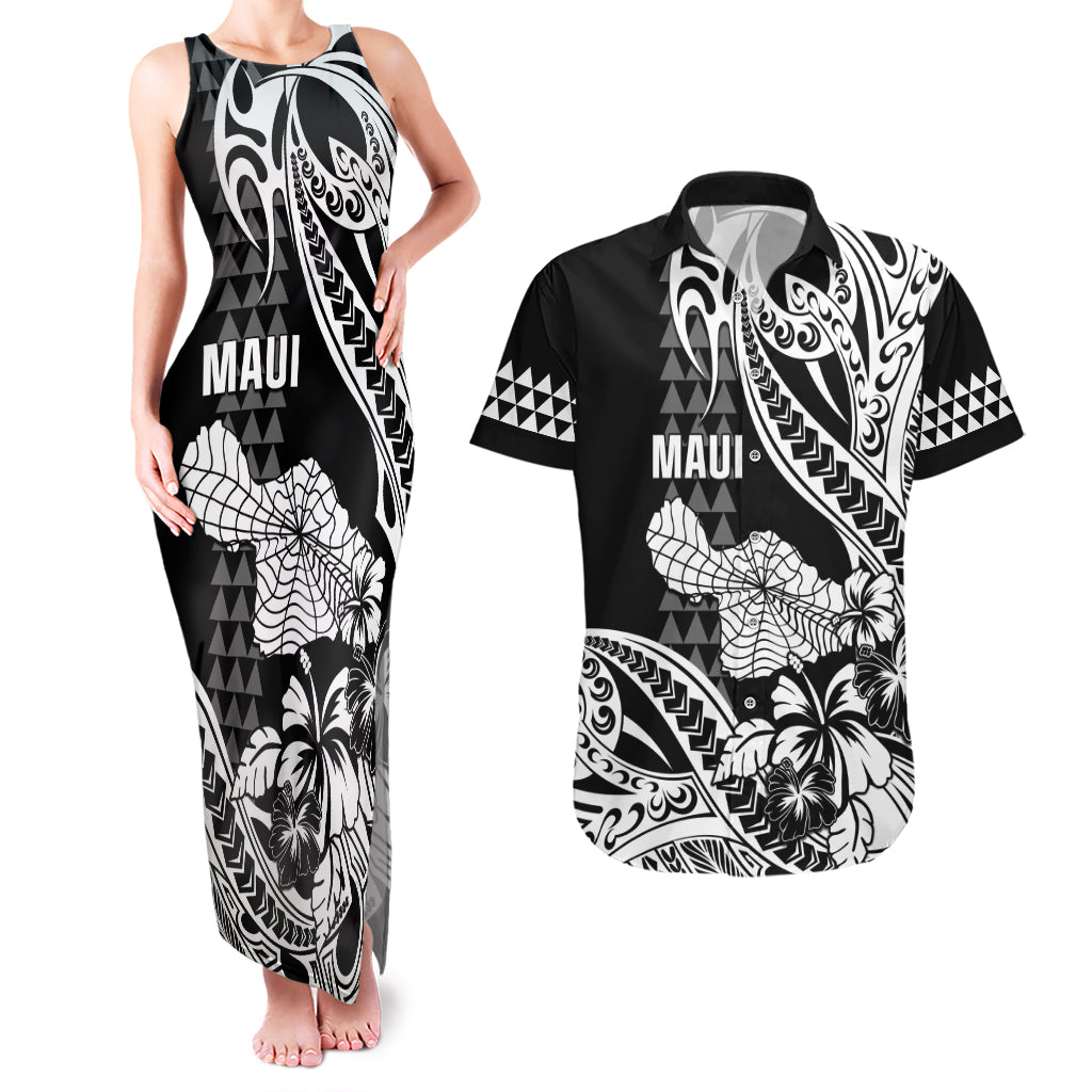 Hawaii Maui Upena Kiloi Couples Matching Tank Maxi Dress and Hawaiian Shirt Kakau Tribal Pattern Black Version
