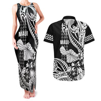Hawaii Maui Upena Kiloi Couples Matching Tank Maxi Dress and Hawaiian Shirt Kakau Tribal Pattern Black Version