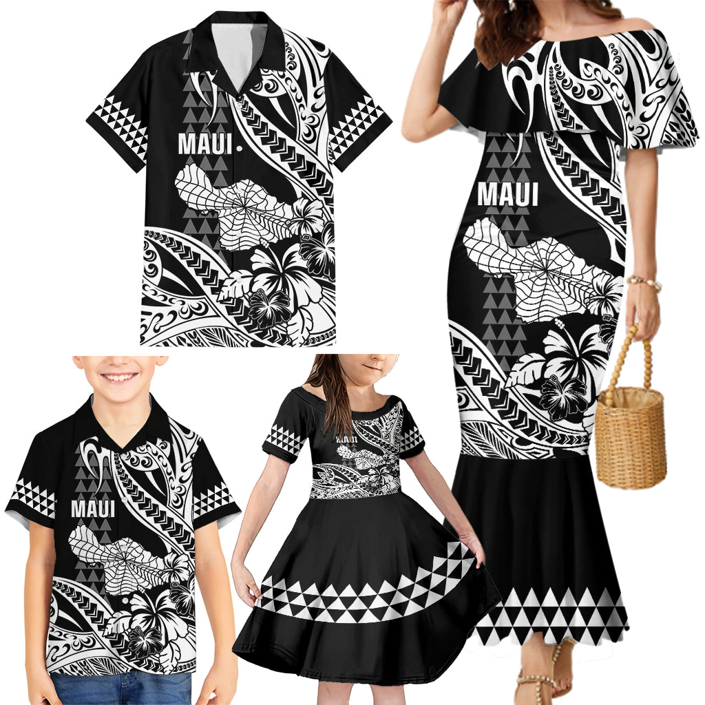 Hawaii Maui Upena Kiloi Family Matching Mermaid Dress and Hawaiian Shirt Kakau Tribal Pattern Black Version