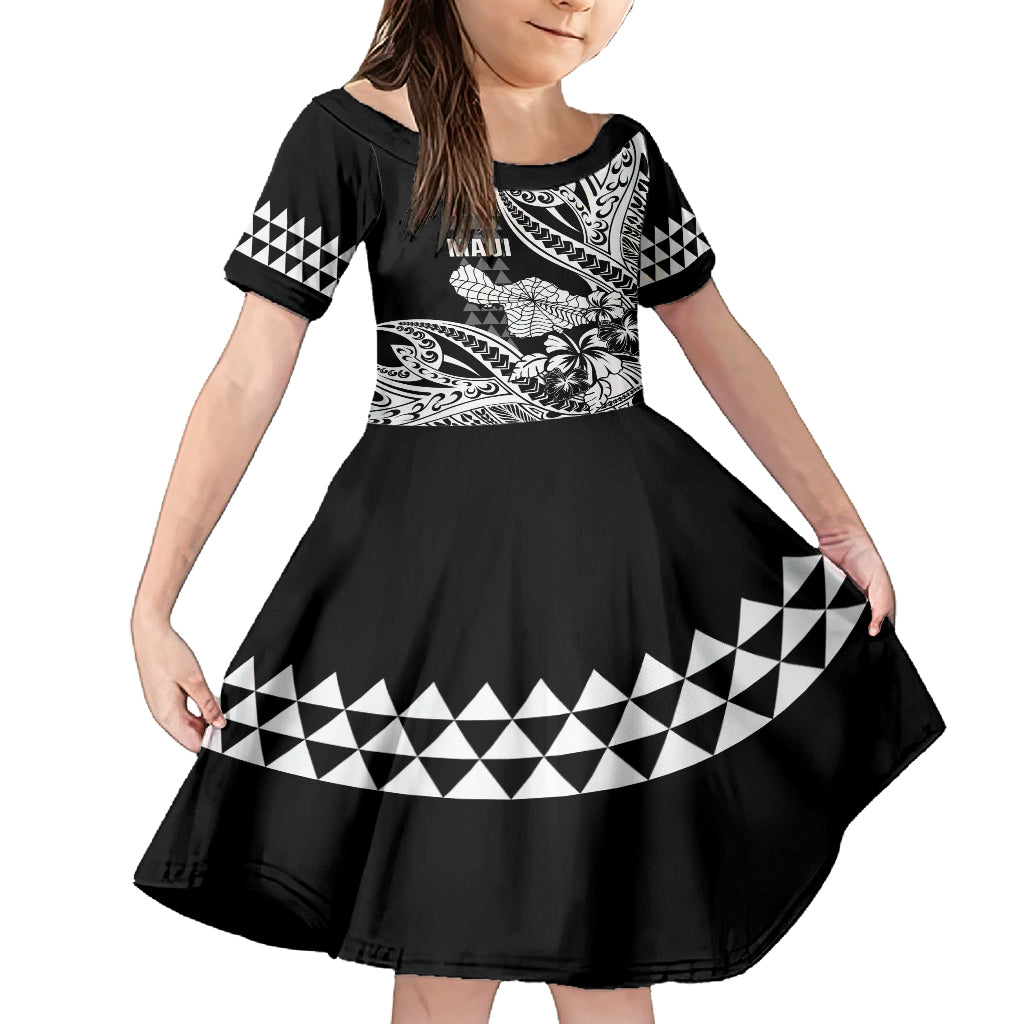 Hawaii Maui Upena Kiloi Family Matching Off Shoulder Short Dress and Hawaiian Shirt Kakau Tribal Pattern Black Version