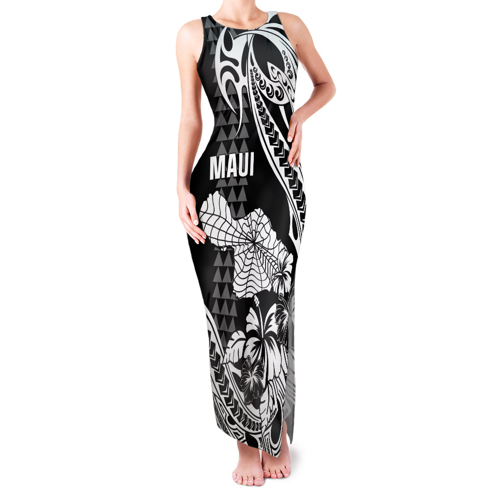 Hawaii Maui Upena Kiloi Family Matching Tank Maxi Dress and Hawaiian Shirt Kakau Tribal Pattern Black Version