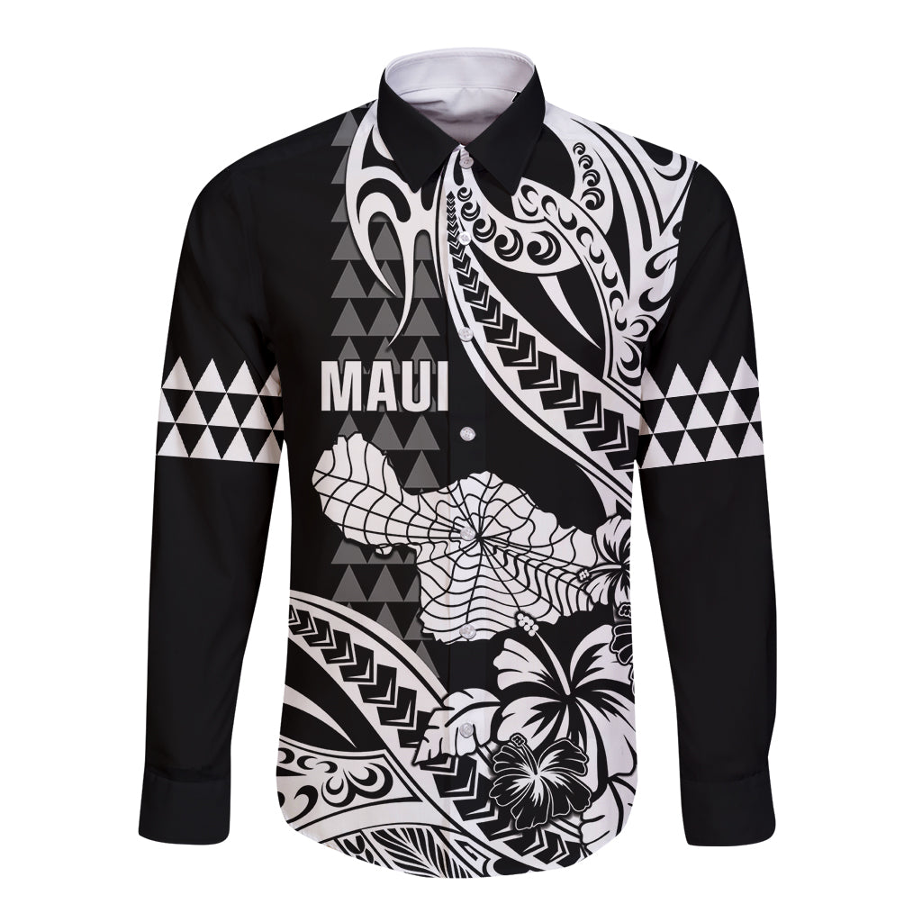 Hawaii Maui Upena Kiloi Long Sleeve Button Shirt Kakau Tribal Pattern Black Version