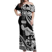 Hawaii Maui Upena Kiloi Off Shoulder Maxi Dress Kakau Tribal Pattern Black Version