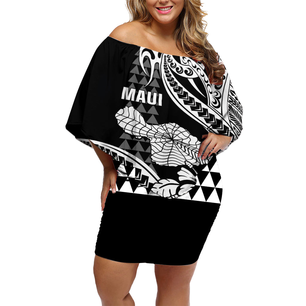 Hawaii Maui Upena Kiloi Off Shoulder Short Dress Kakau Tribal Pattern Black Version