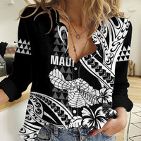 Hawaii Maui Upena Kiloi Women Casual Shirt Kakau Tribal Pattern Black Version