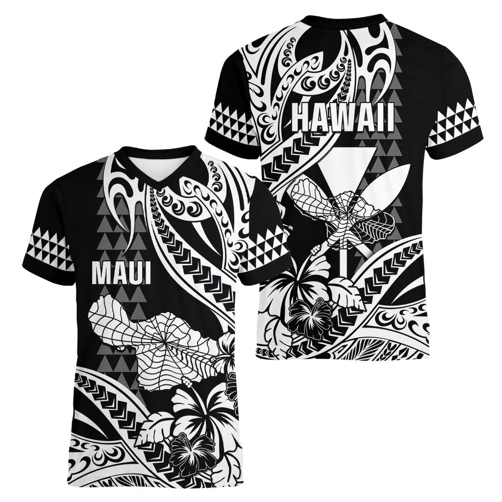 Hawaii Maui Upena Kiloi Women V-Neck T-Shirt Kakau Tribal Pattern Black Version