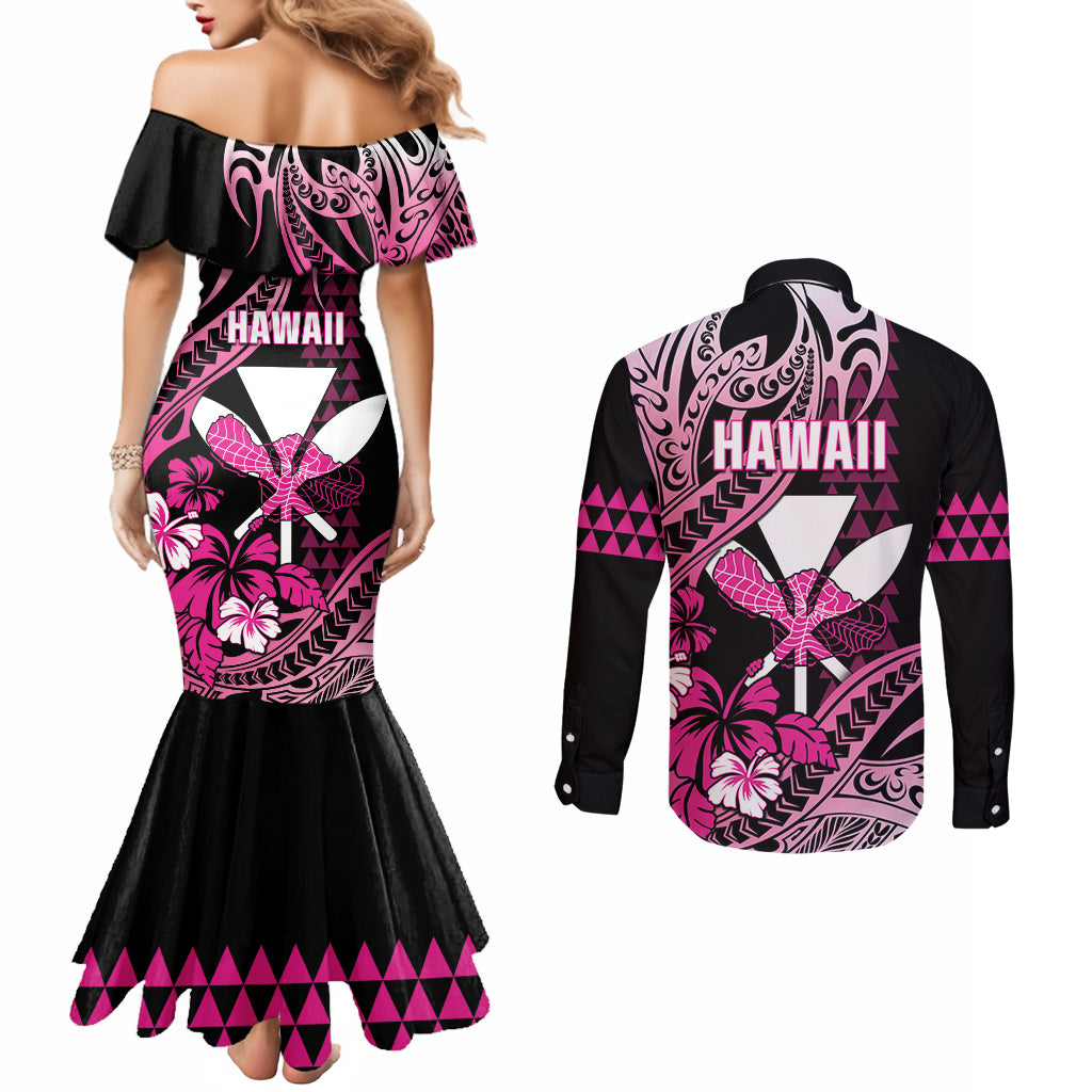 Hawaii Maui Upena Kiloi Couples Matching Mermaid Dress and Long Sleeve Button Shirt Kakau Tribal Pattern Pink Version
