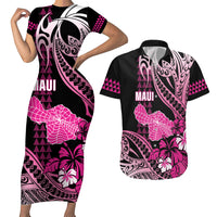 Hawaii Maui Upena Kiloi Couples Matching Short Sleeve Bodycon Dress and Hawaiian Shirt Kakau Tribal Pattern Pink Version