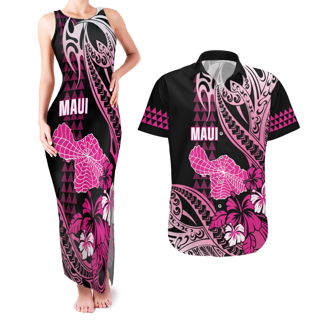 Hawaii Maui Upena Kiloi Couples Matching Tank Maxi Dress and Hawaiian Shirt Kakau Tribal Pattern Pink Version