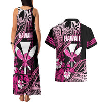 Hawaii Maui Upena Kiloi Couples Matching Tank Maxi Dress and Hawaiian Shirt Kakau Tribal Pattern Pink Version