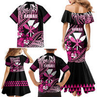 Hawaii Maui Upena Kiloi Family Matching Mermaid Dress and Hawaiian Shirt Kakau Tribal Pattern Pink Version